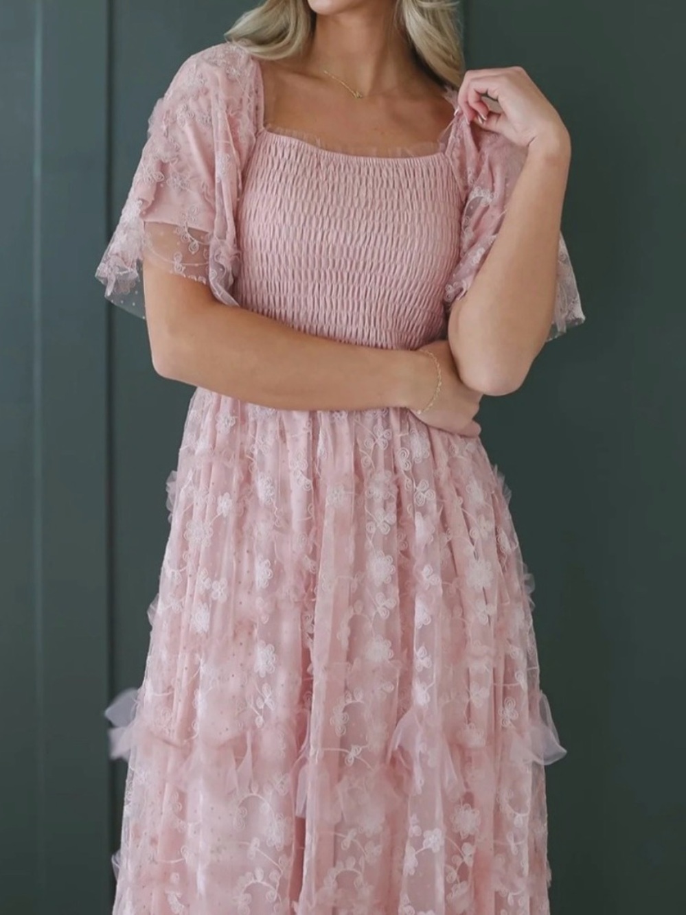 Polagram Blush Pink Lace Tiered Maxi Dress